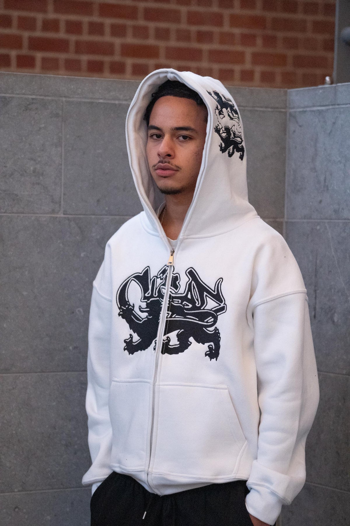 KEEP IT CLEAN "FEARED LION" FULL ZIP UP HOODIE WHITE
