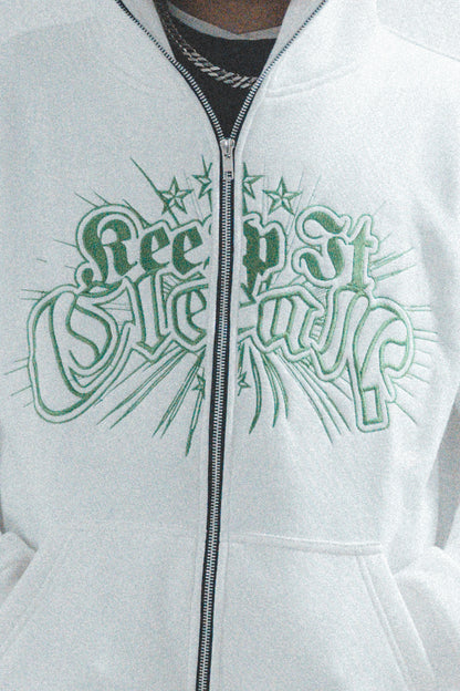 KEEP IT CLEAN - DIVINE FULL ZIPPER HOOD - WHITE/GREEN