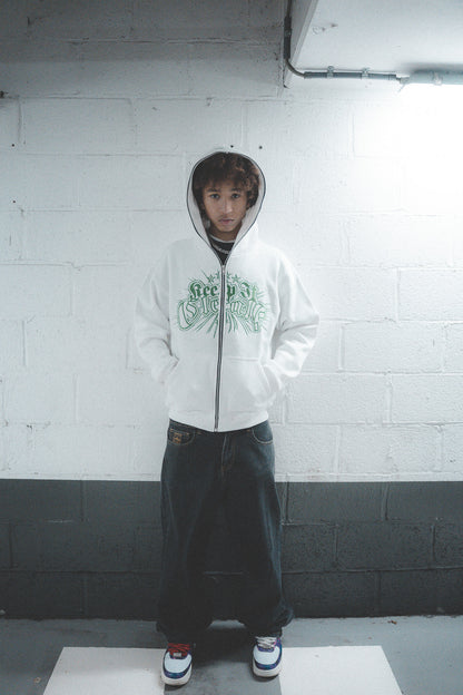 KEEP IT CLEAN - DIVINE FULL ZIPPER HOOD - WHITE/GREEN