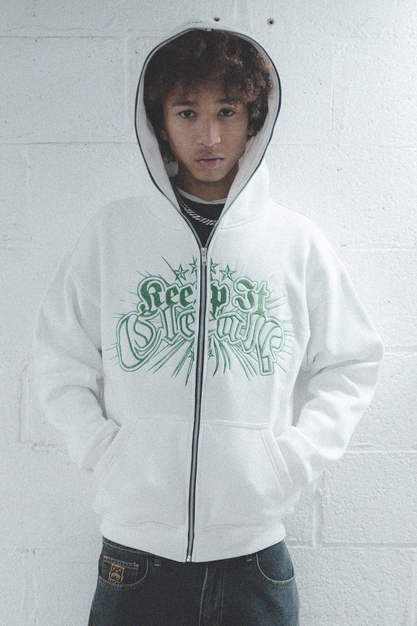 KEEP IT CLEAN - DIVINE FULL ZIPPER HOOD - WHITE/GREEN