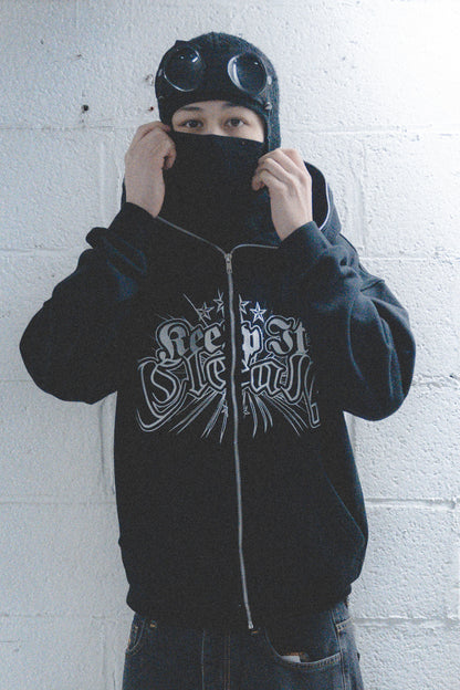 KEEP IT CLEAN - DIVINE FULL ZIPPER HOOD - BLACK/WHITE