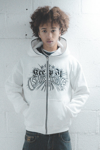 KEEP IT CLEAN - DIVINE FULL ZIPPER HOOD - WHITE/BLACK