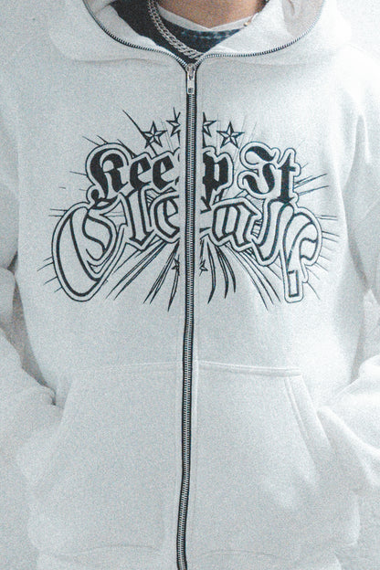 KEEP IT CLEAN - DIVINE FULL ZIPPER HOOD - WHITE/BLACK