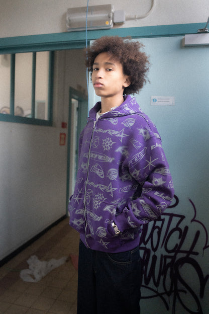 KEEP IT CLEAN - STENCIL ZIPPER HOOD - PURPLE/GREY