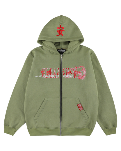 KEEP IT CLEAN -TATSU DRAGON -ZIP HOODIE BLACK OLIVE GREEN